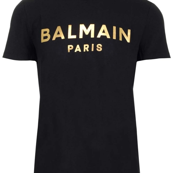 Balmain Paris Black T-shirt w/ gold lettering. Size XL